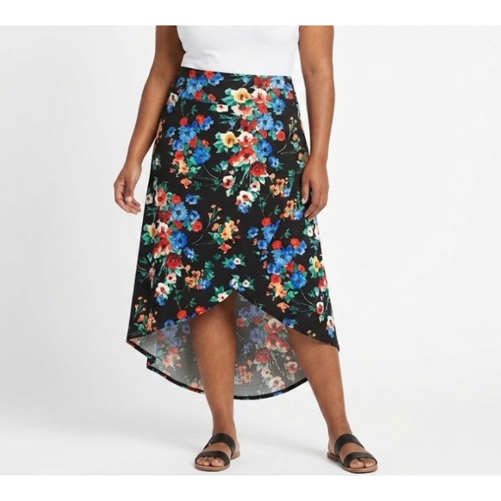 New Apt. 9 size XXL Black Multi Floral Stretch Knit Faux‎ Wrap High Low Skirt